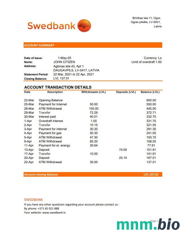 Szablon wyciągu bankowego Łotwa SEB w programie Word i PDF